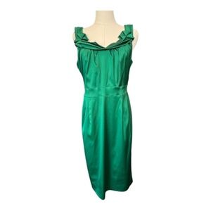 EUC Donna Ricco NY emerald green drape neck shoulder midi dress | size 10